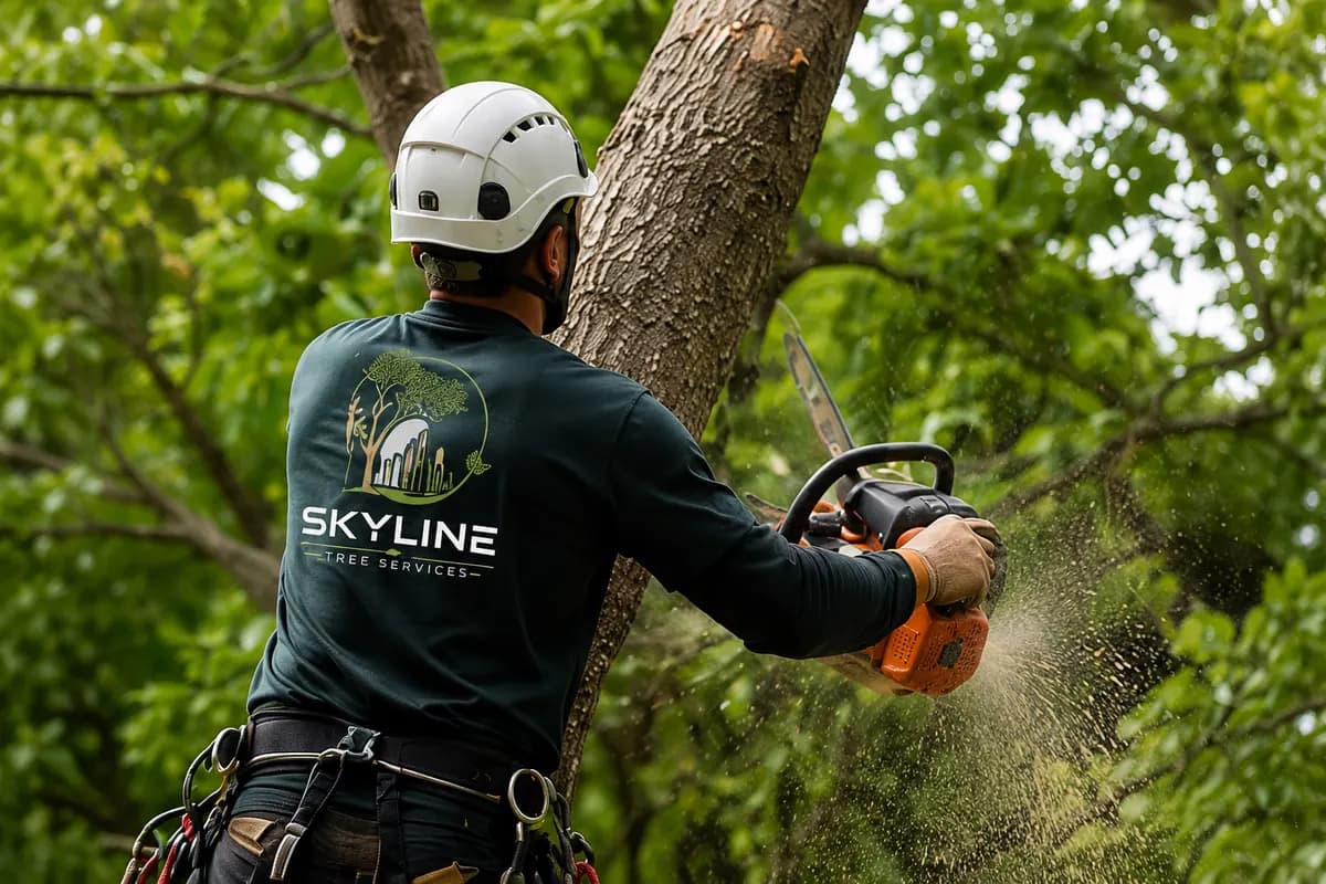 Profissional da Skyline realizando poda de árvore em altura